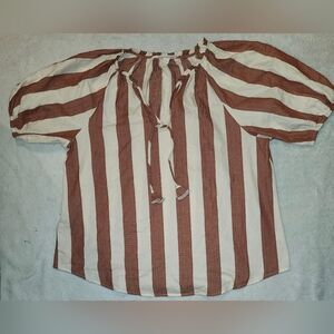 Womens Knox Rose Sz L Top w Maroon & Cream Stripes & Balloon Sleeves